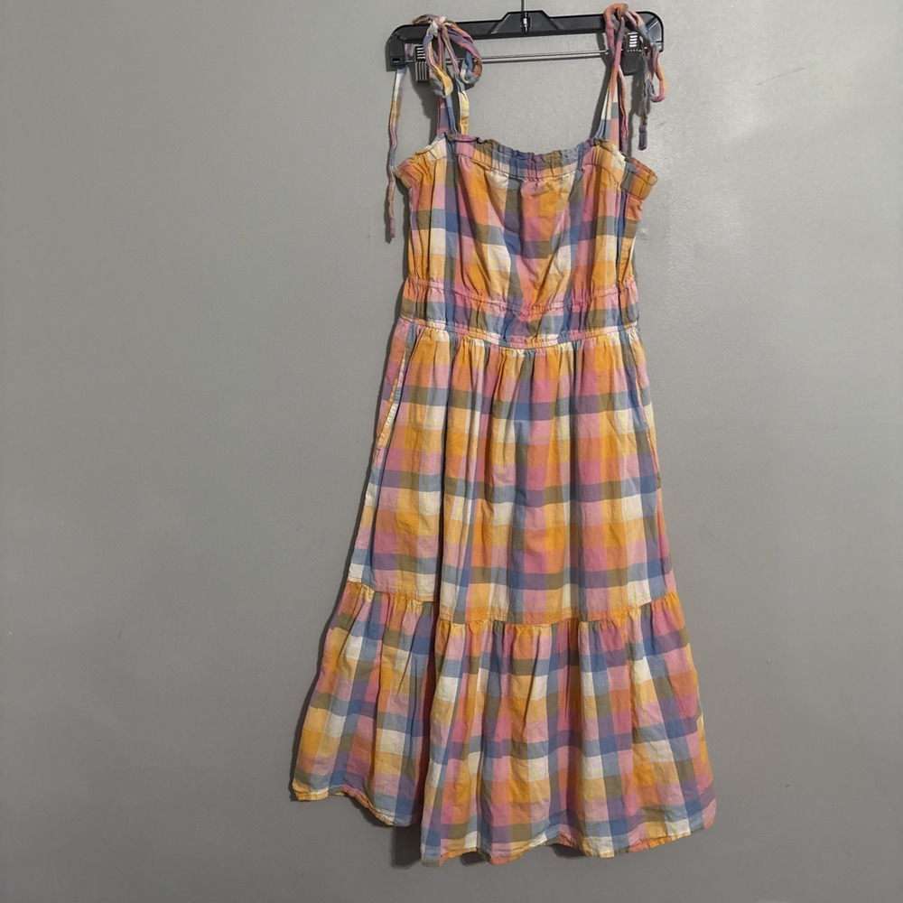 Free Assembly Tie Shoulder Midi Med Pastel Plaid Sun Dress